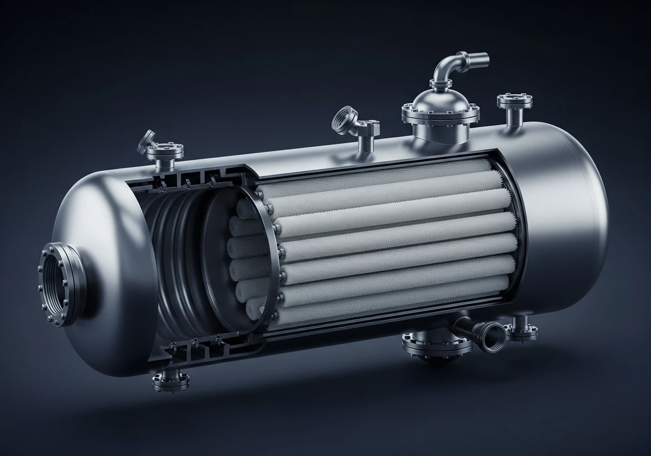 KHC coalescing oil-water separator cutaway showing cyclonic pre-separation zone, super-oleophilic coalescing fiber media stage, and separated oil and water outlets