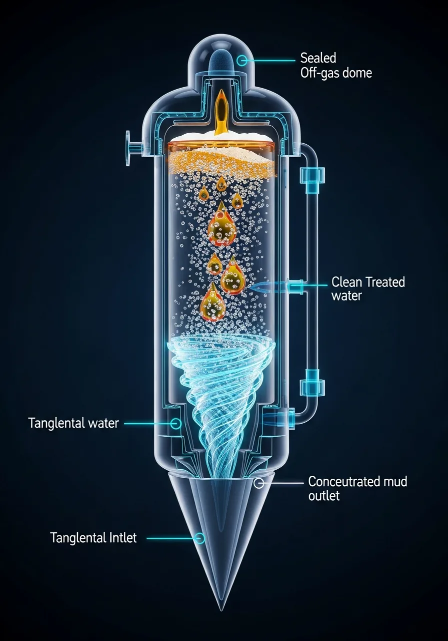 Cutaway schematic of the CDOF pressurized flotation column showing tangential inlet, micro/nano-bubble release, cyclonic flow field, top floating-sludge skim, clean-water effluent and bottom mud outlet